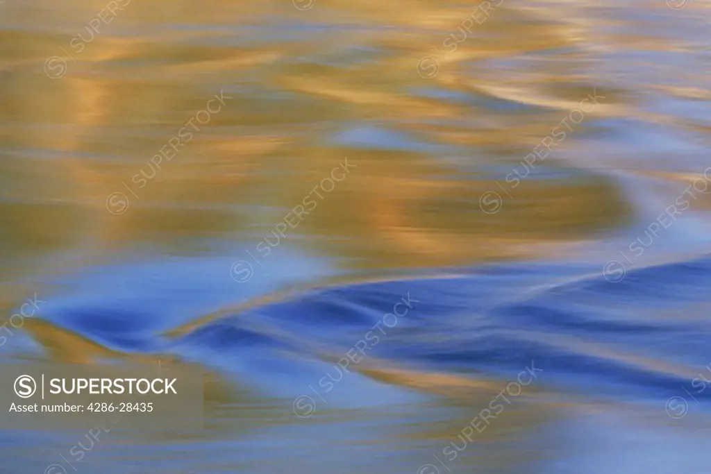 Autumn colors and blue sky reflections on river rapids in Arctic wilderness in Sweden