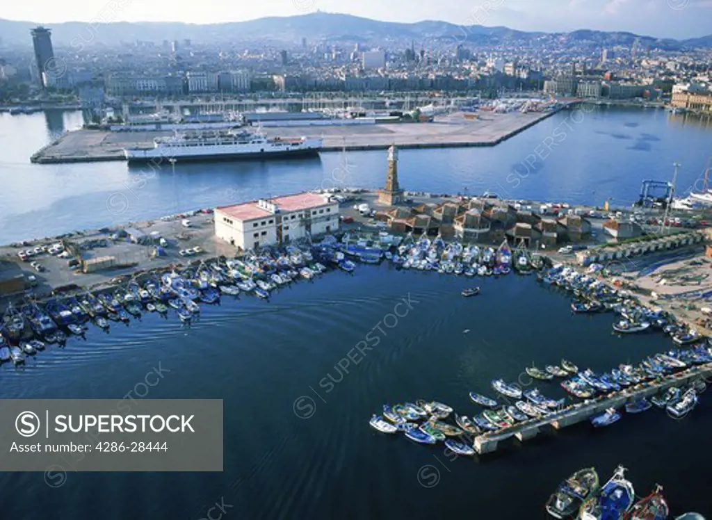 Overview of ships in Barcelona harbour on Mediterranean Sea