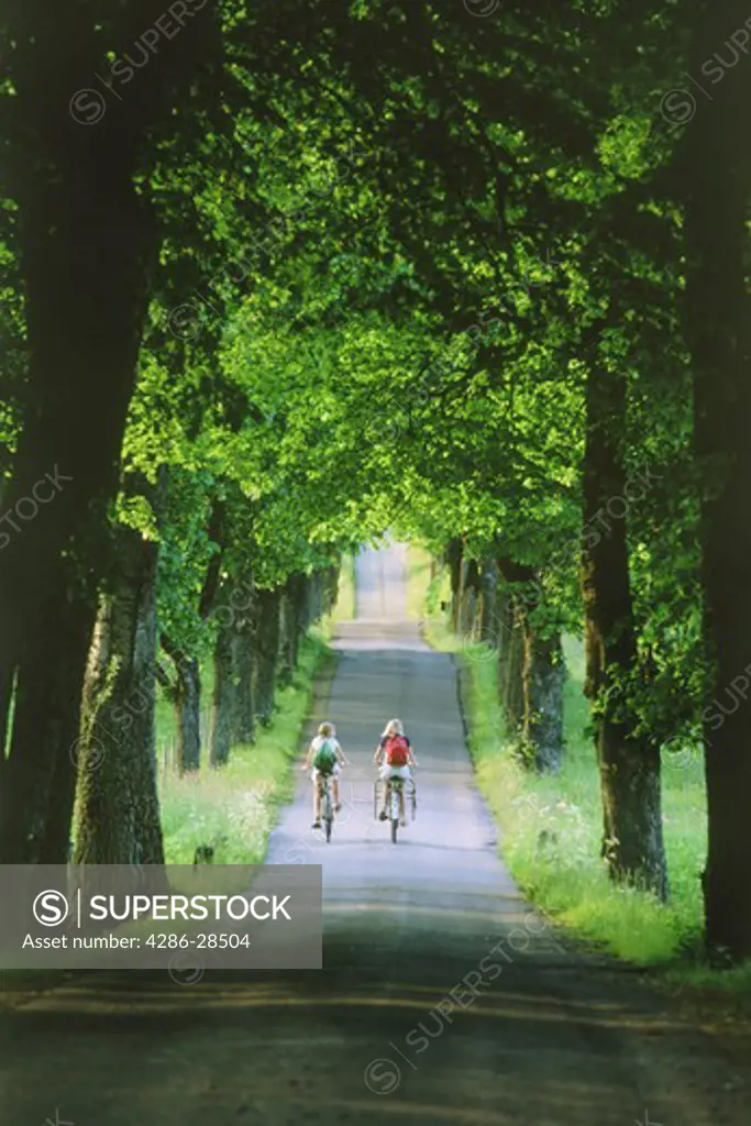 Two girls with bicycles and backpacks riding to school on tree-lined country road in Sweden