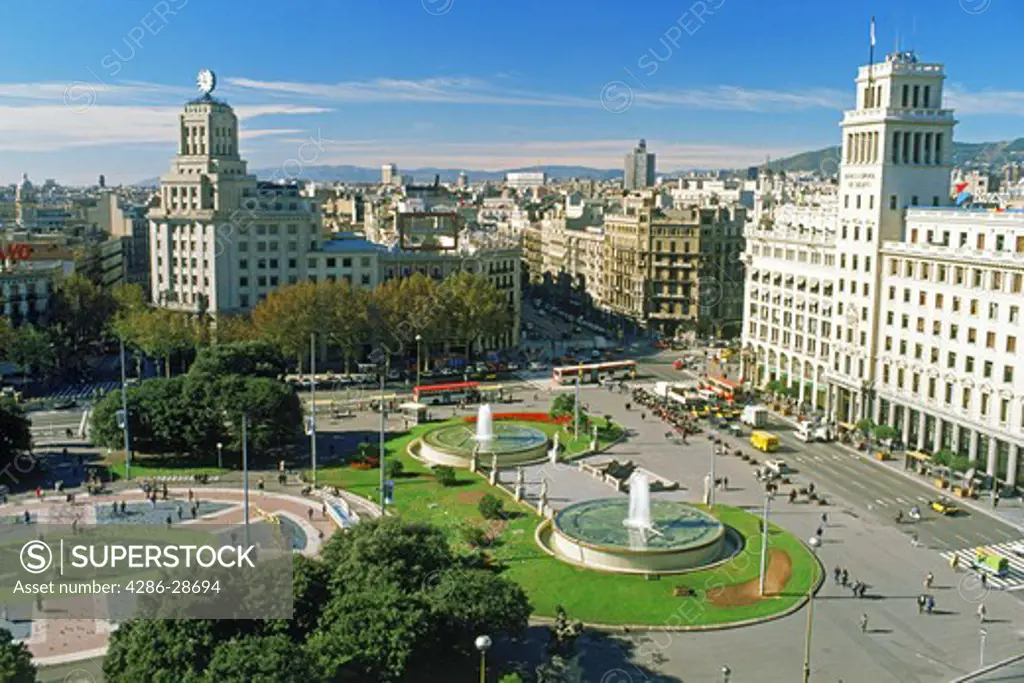 Overview of  Placa or Plaza Catalunya in Barcelona, Spain
