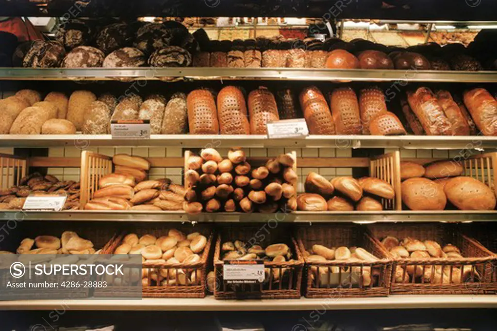Assortment of fresh baked bread in German bakery