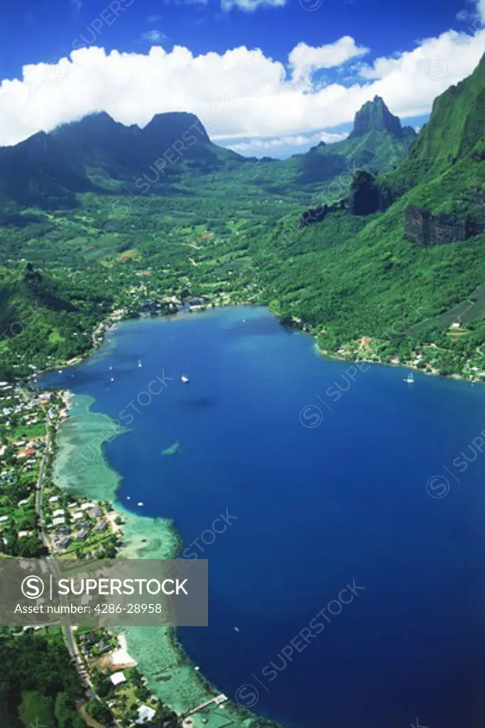 Aerial view of Cooks Bay and mountains on Island of Moorea in French Polynesia