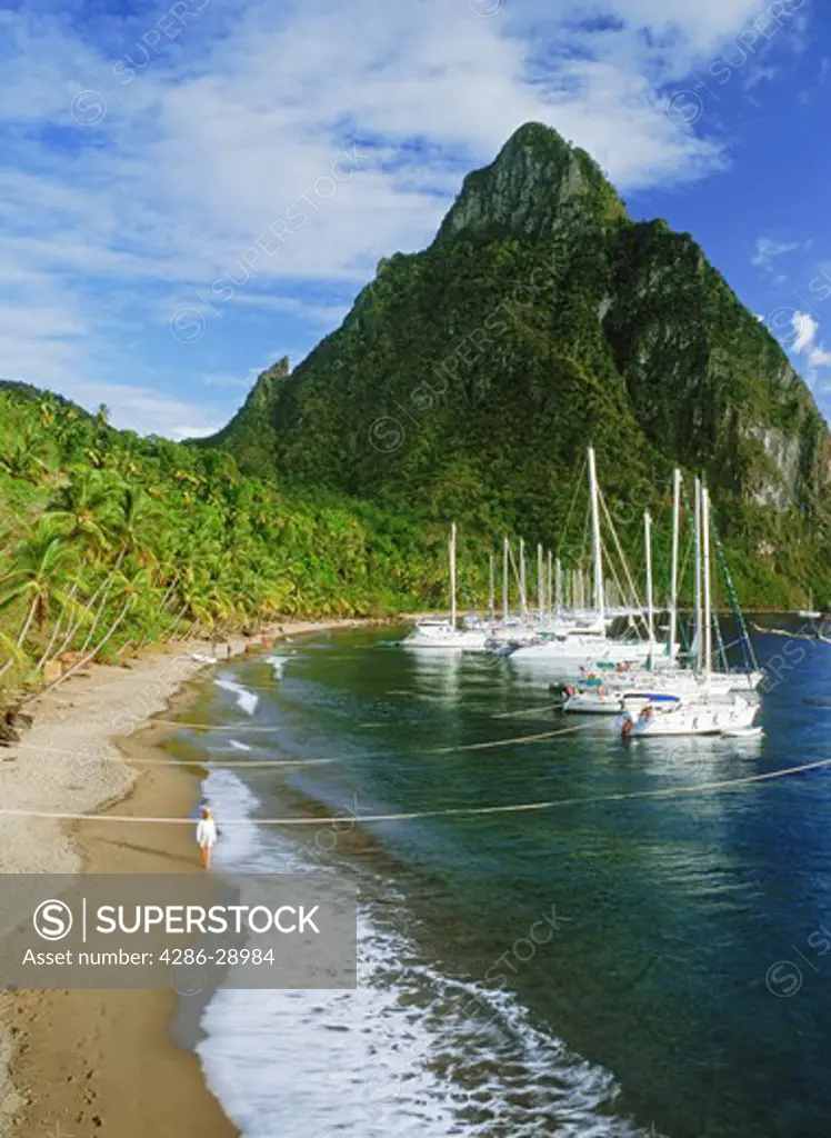 Gros Piton mountain above Margretoute Bay on St Lucia Island in West Indies