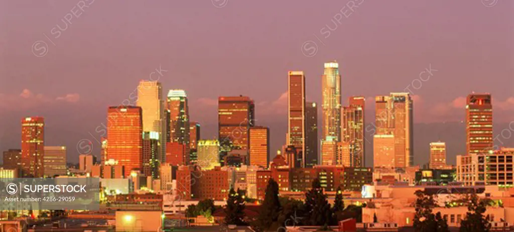 Downtown Los Angeles skyline in sunset light
