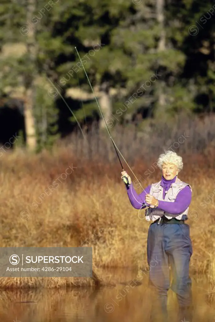 Older woman wearing a purple shirt fly-fishes while standing in knee-deep water on a sunny day.