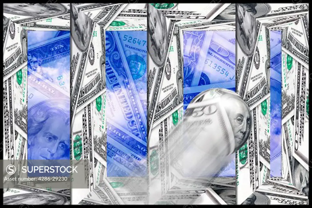 Graphic image of a ball of money bouncing through columns made of money against a blue sky background.