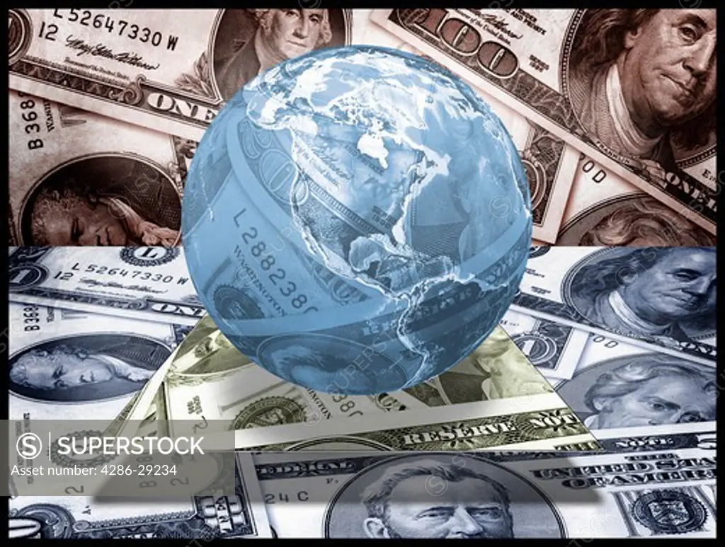 Montage of the earth and U.S. currency.