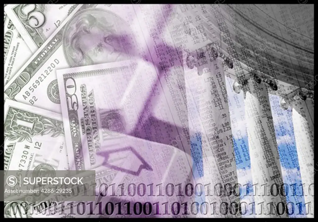 Montage of U.S. currency, a computer keyboard and pillars with a blue sky and clouds in background.