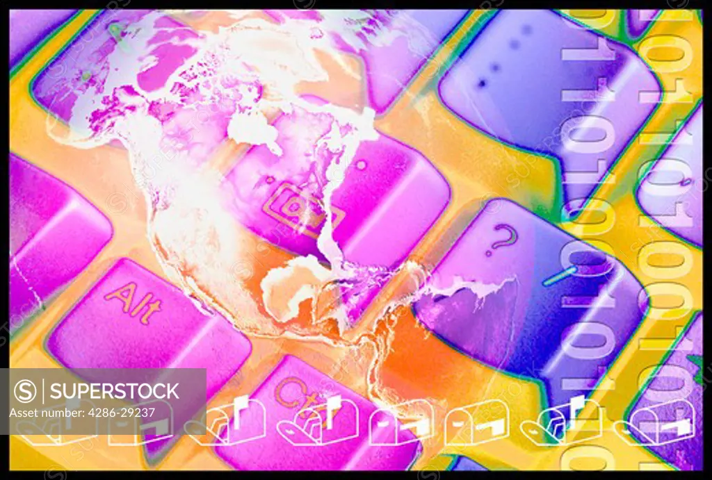 Montage of purple and yellow computer keyboard with image of the earth overlaid.