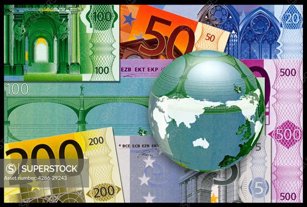 Montage of the Earth and various foreign currencies.