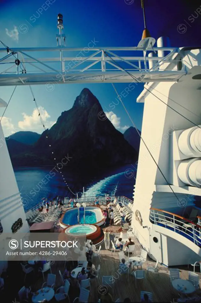 View of the Pitons, St. Lucia, Caribbean from aboard cruise ship.  3,000 plus total cruise images.