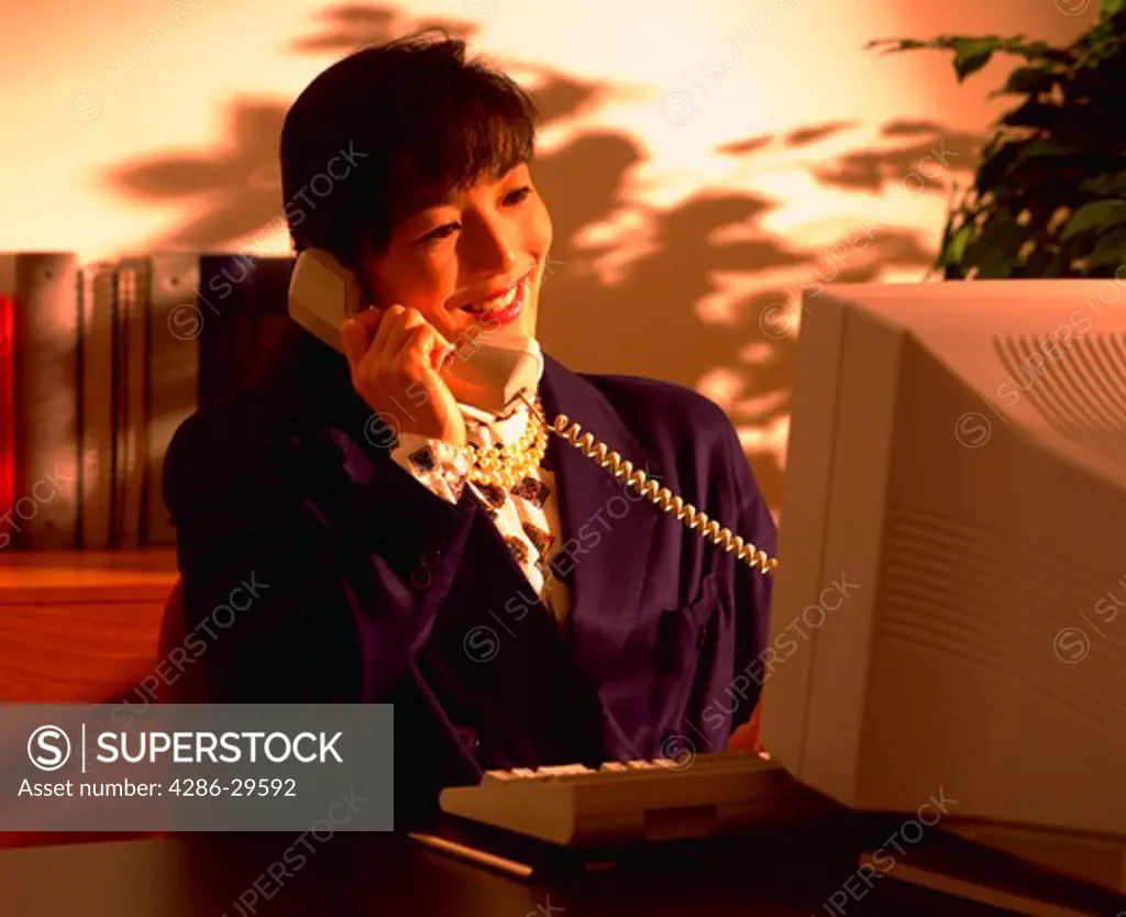 Woman executive on telephone looking at computer screen