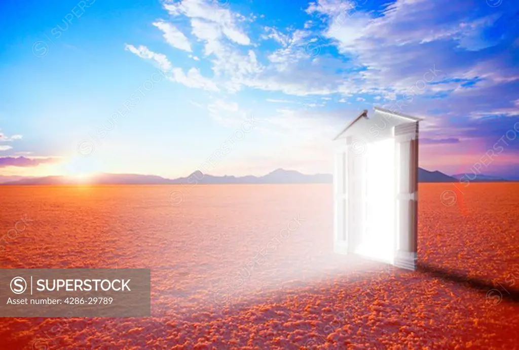 Computer generated image of an open door in the middle of a barren desert.