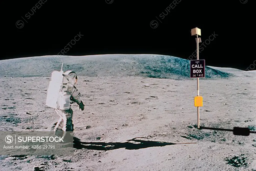 Astronaut in a space suit on the surface of the moon walking toward a telephone call box.