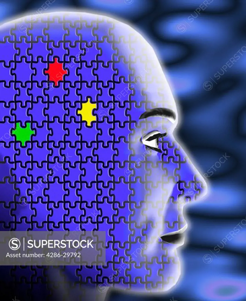 Computer generated image of a mans profile made up of colored red, blue, green and red puzzle pieces.