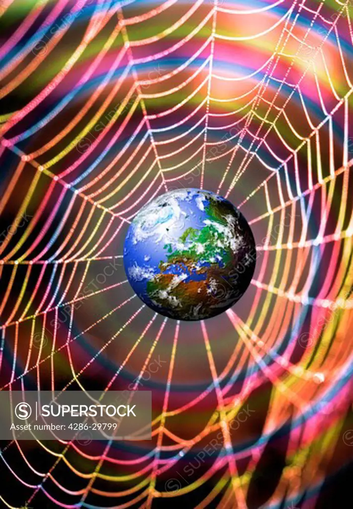 Computer generated montage of the Earth, with Europe in view, in front of a multicolored spider web.