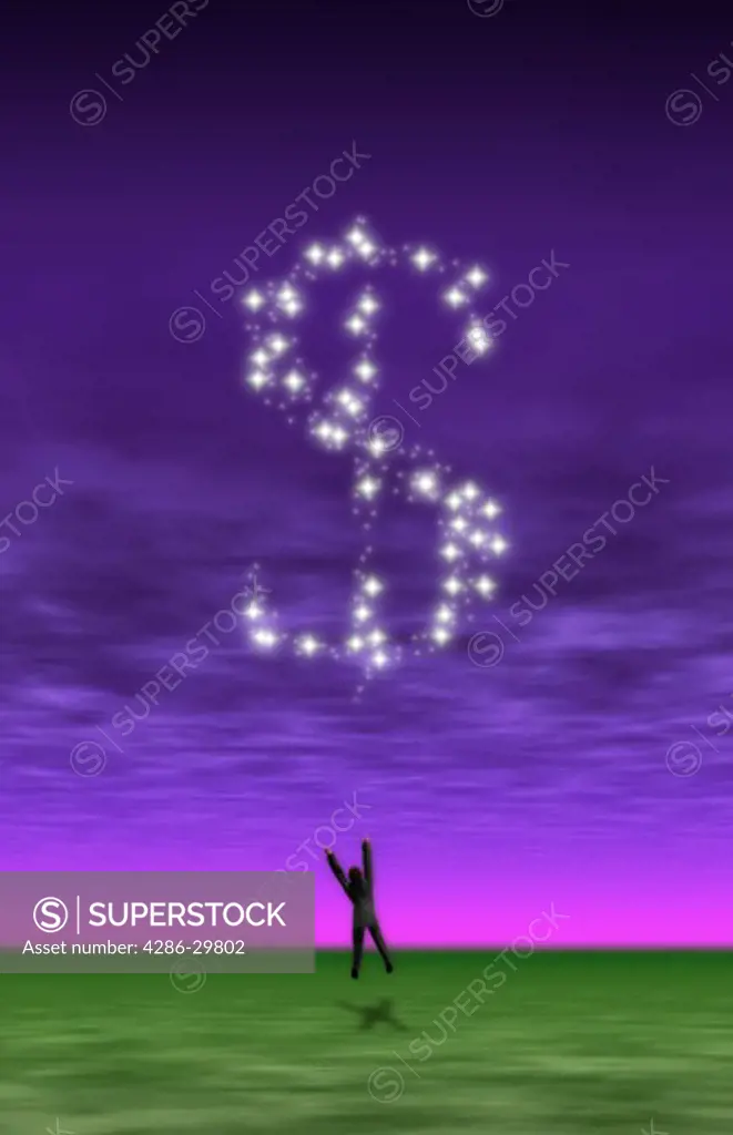 Computer generated montage of a man jumping up to try to reach stars that are in the shape of a dollar sign ($).
