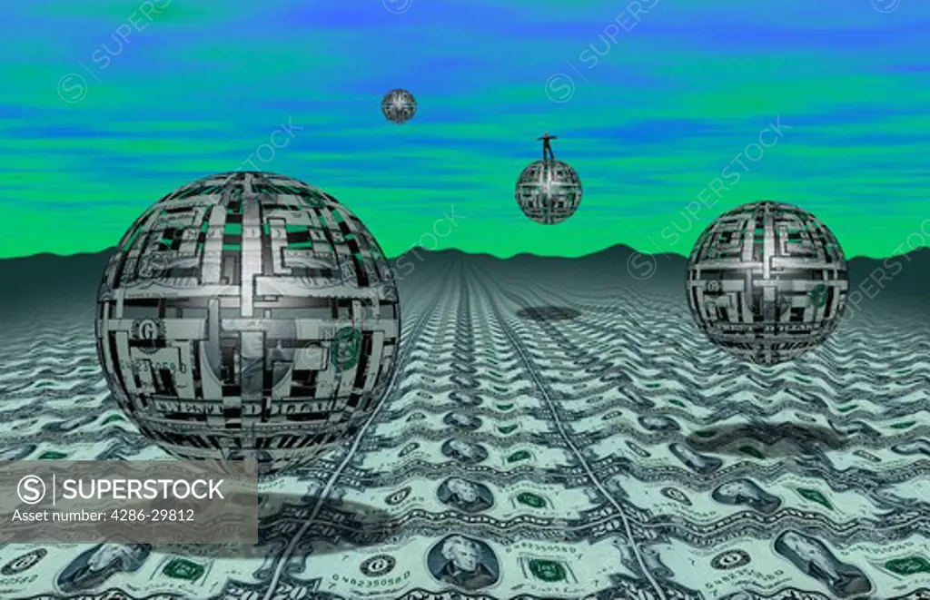 Several spheres floating above a landscapes of twenty dollar bills. There is a man standing on top of one of the spheres.