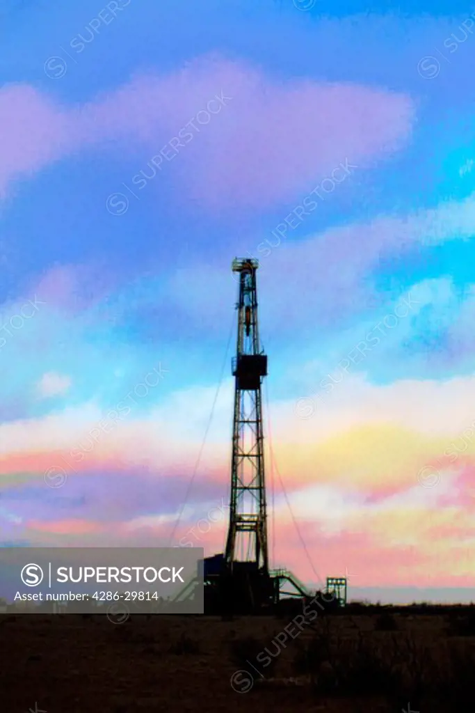 An oil exploration rig silhouetted against a cloudy sunset sky. Image is done in a painterly style.