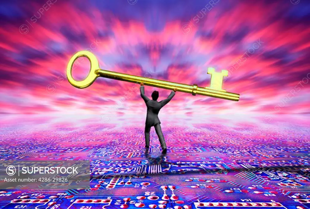 Computer generated image of a man holding a large gold key over his head, with magenta sky.