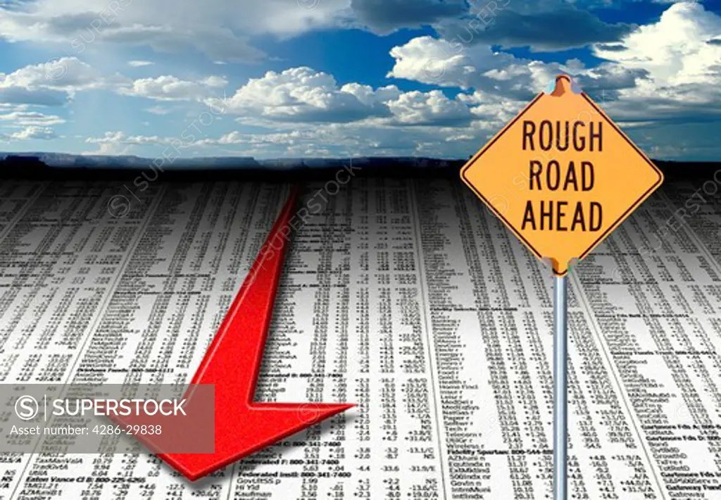 Concept composition of a red arrow moving downward on a page of financial results with a yellow caution Rough Road Ahead sign.