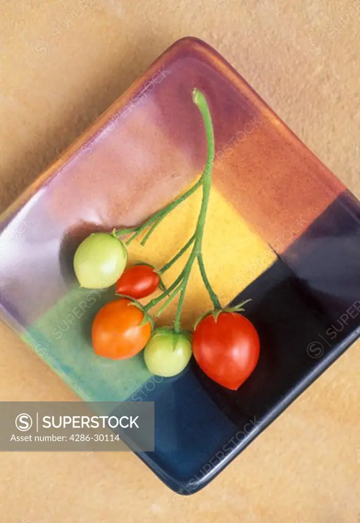 Stem of tomatoes on a colorful dish