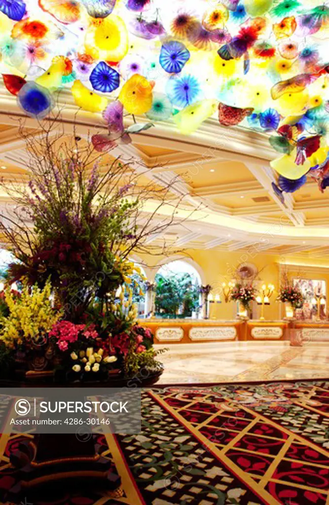 Lobby of Bellagio in Las Vegas, Nevada; glass flower ceiling created by artist Dale Chihuly
