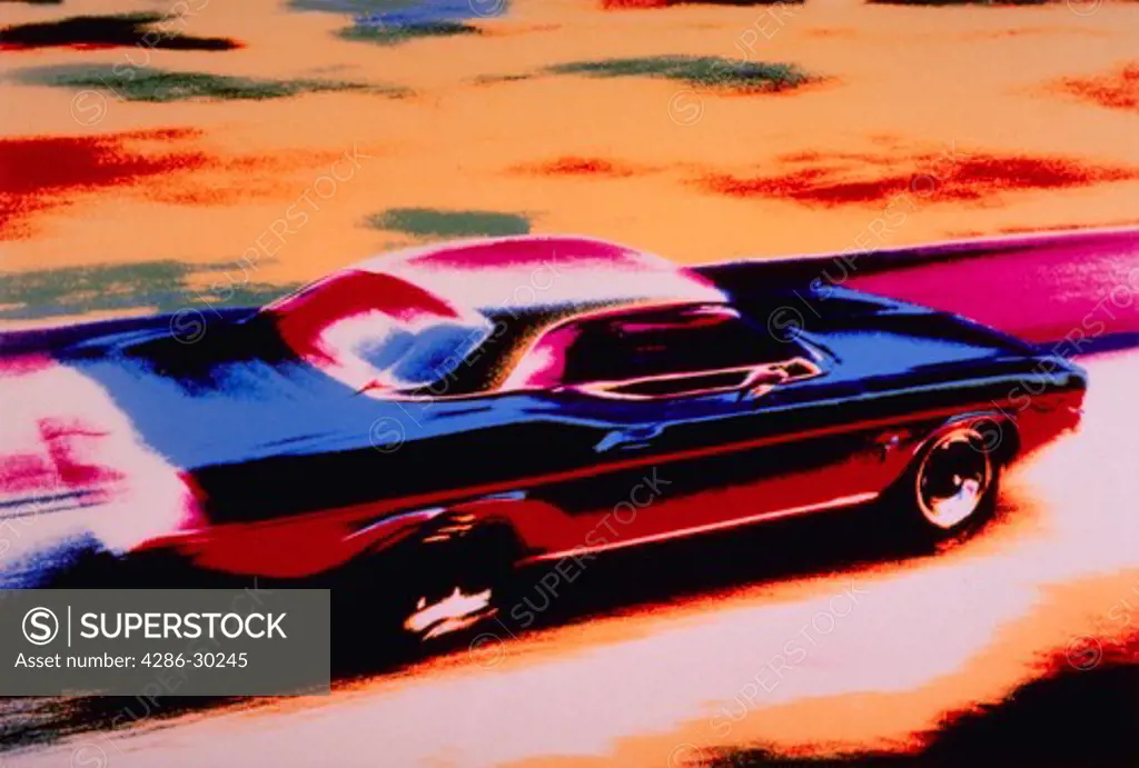 Impressionist photo of a speeding Plymouth Barracuda.