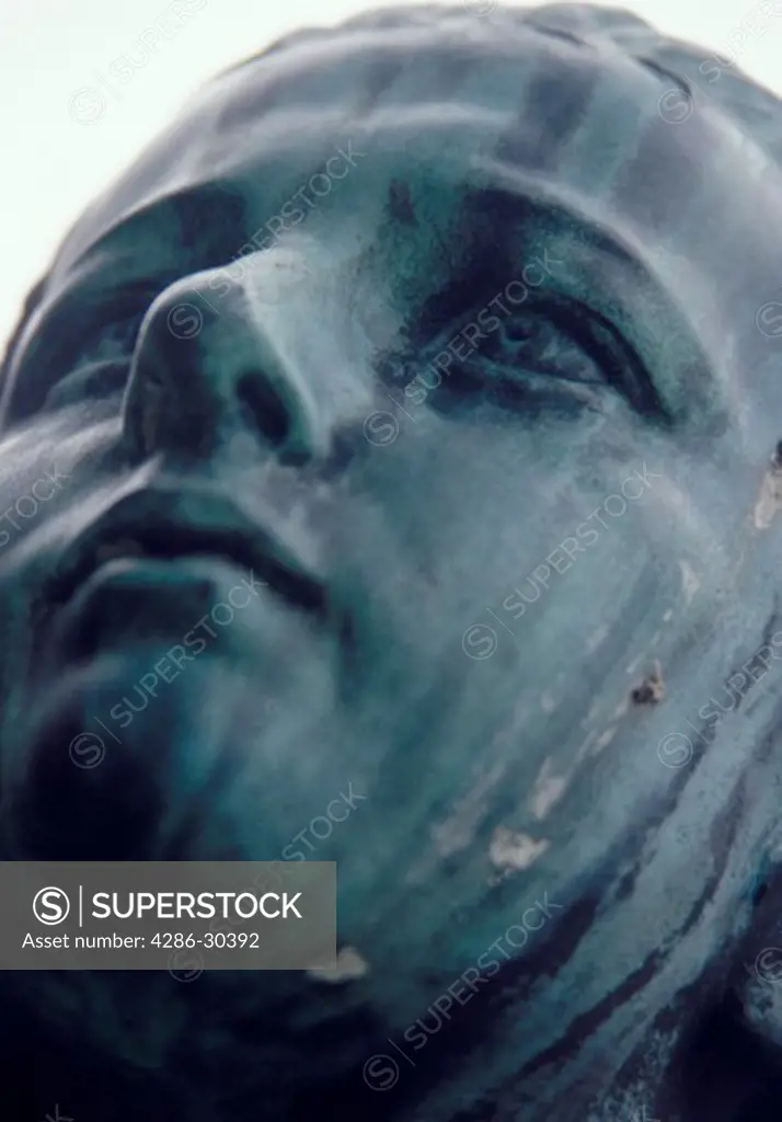 Close-up of the face on an outdoor statue in Oslo, Norway.