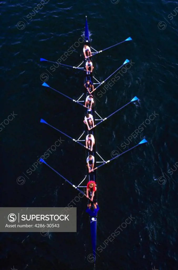 Rowing, womans eight, Willamette River, Portland, OR