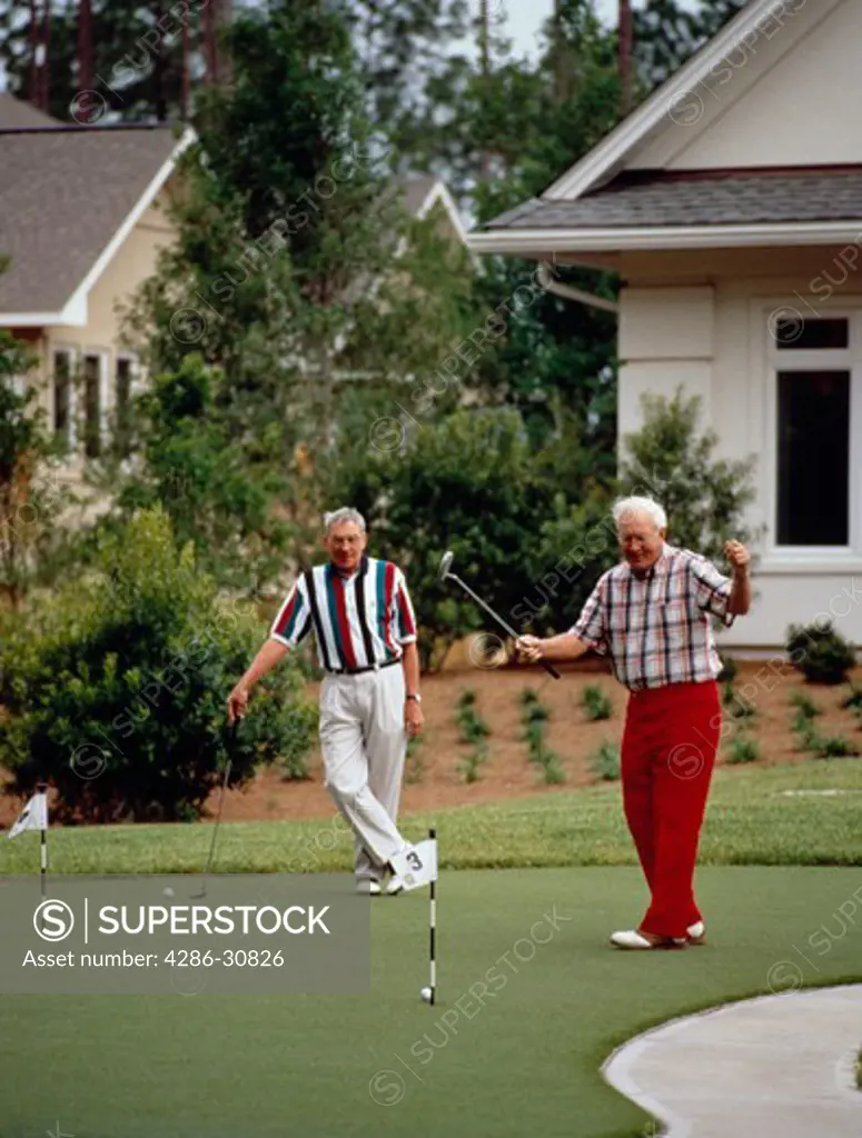 Two senior men playing golf on putting green.  One man cheers as ball goes into the hole.