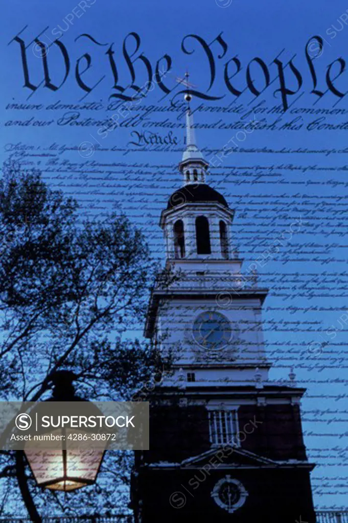 Constitution of the United States superimposed over steeple of Independence Hall, Philadelphia, PA.