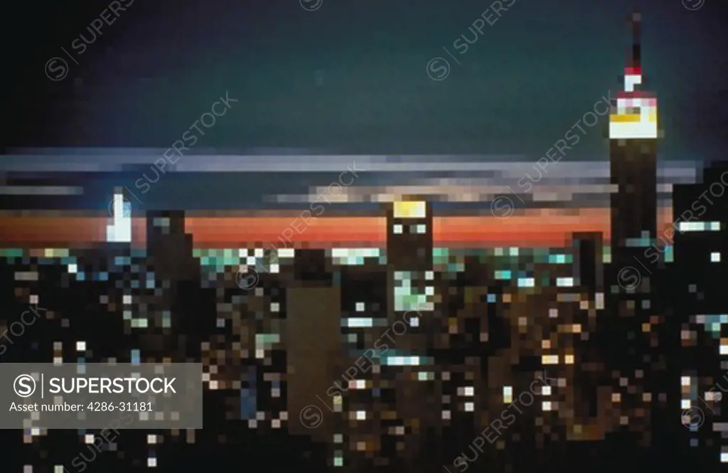 Digitized view of the New York City skyline at sunset.