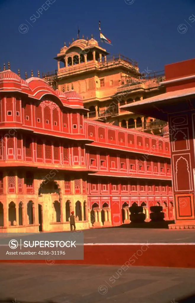 The red and white detailing of 18th Century City Palace in Jaipur, India.