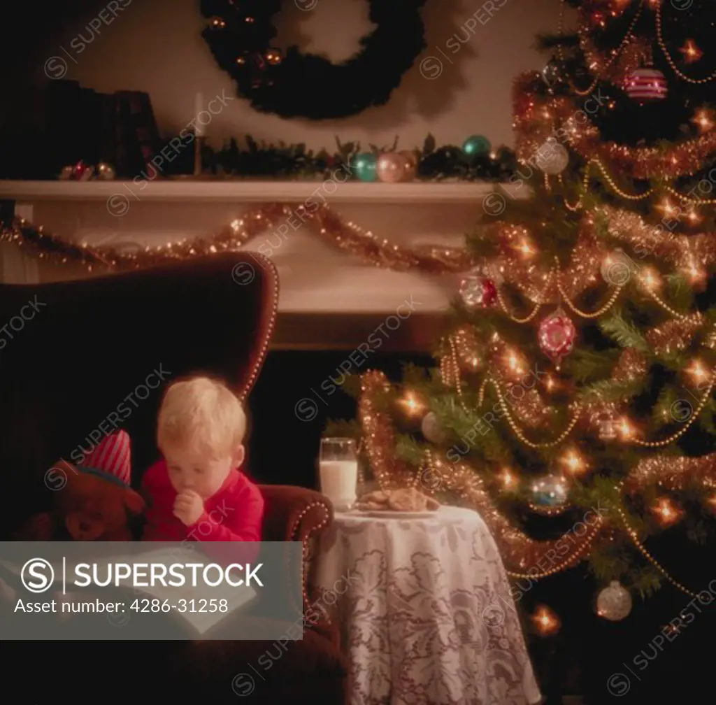 Young boy reading a book next the Christmas tree.