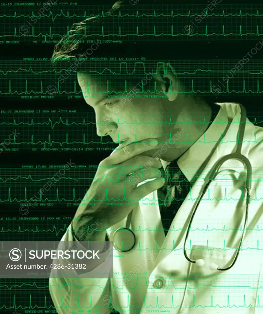EKG printout superimposed over a profile view of a concerned male doctor wearing a stethoscope with his hand to his chin.