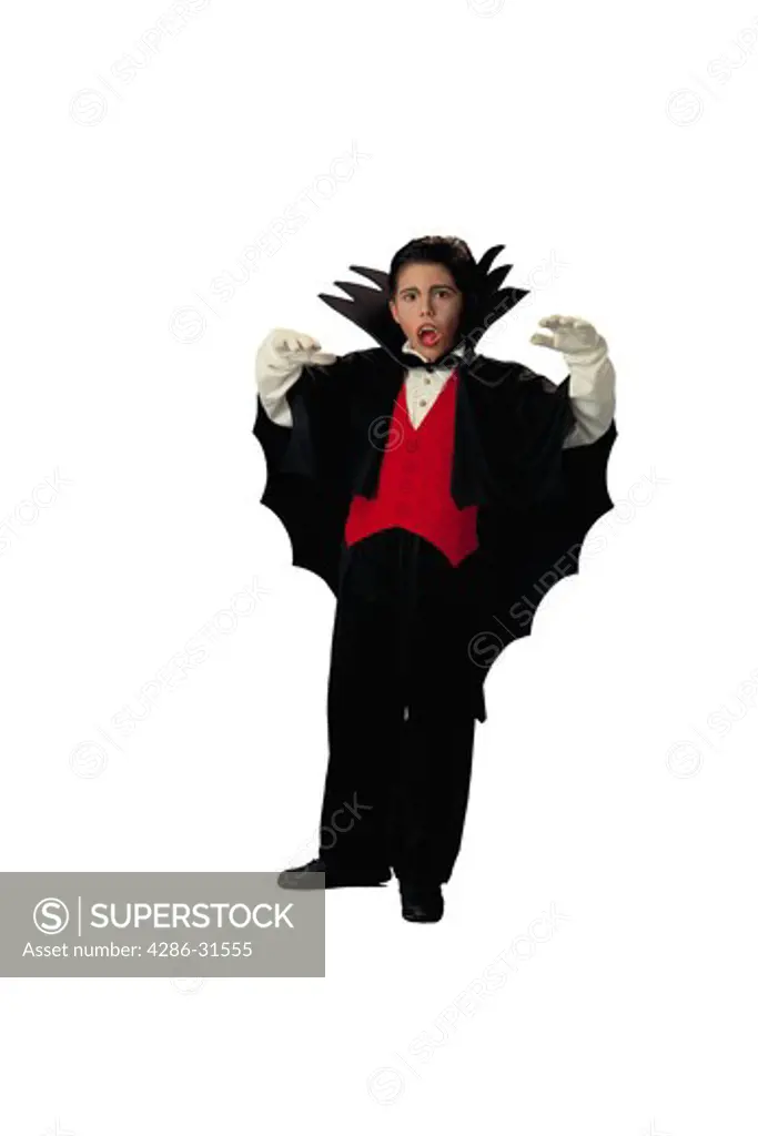 Seamless studio shot of a youngster wearing a vampire costume for Halloween.