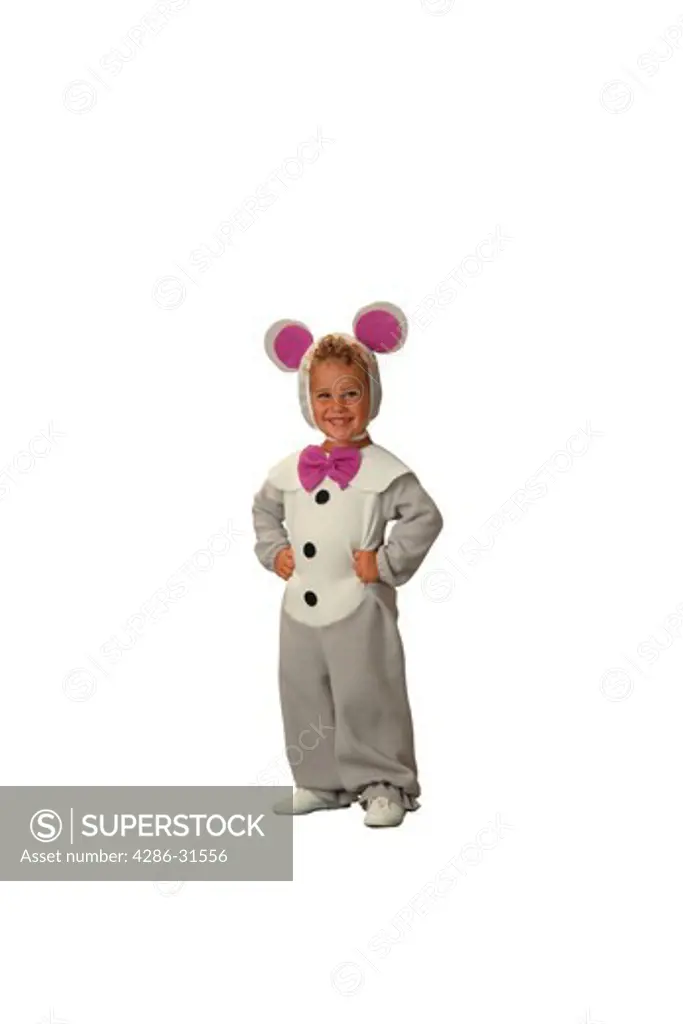 Seamless studio shot of a happy child wearing a mouse costume for Halloween. The costume is complete with a purple bow tie.