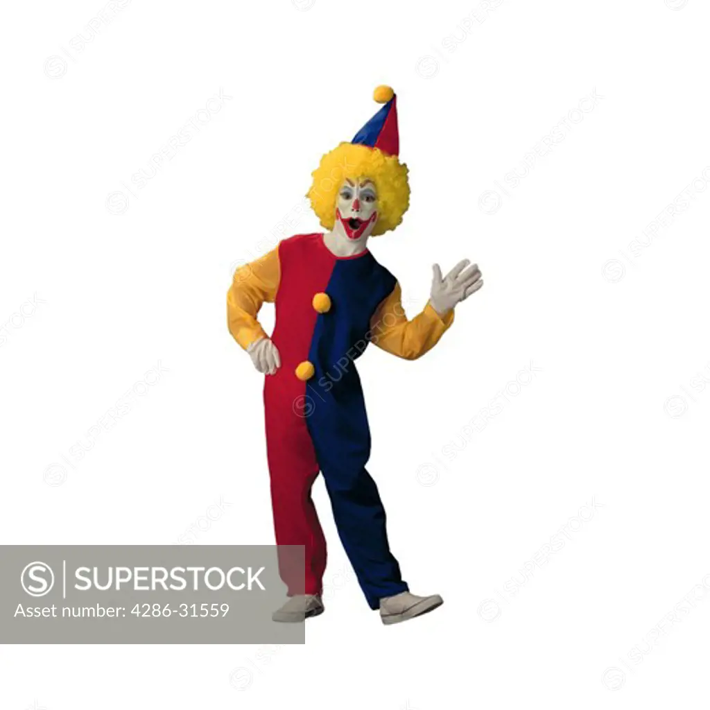 Seamless studio shot of a youngster wearing a traditional clown costume and makeup.