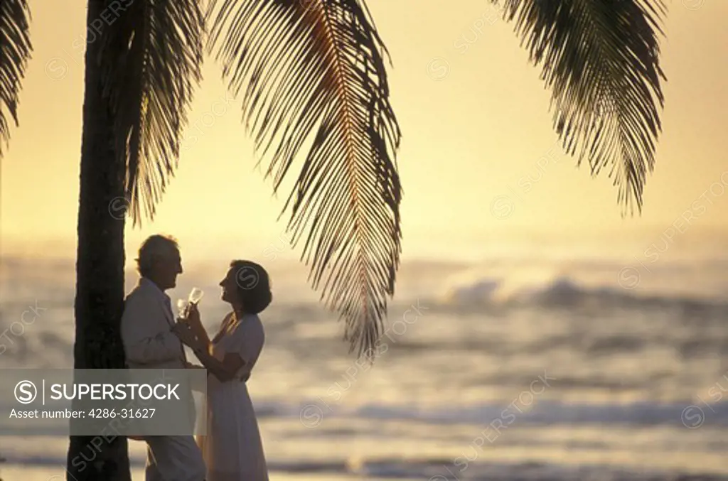 Mature couple stands close together beneath a palm tree on the beach while holding champagne glasses. 