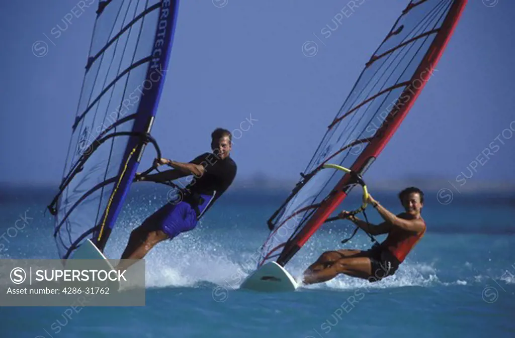 Man and woman windsurfing parallel to each other on a sunny day.
