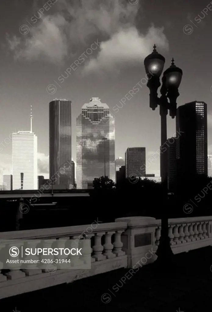 Skyline of Houston, Texas as seen from a bridge.