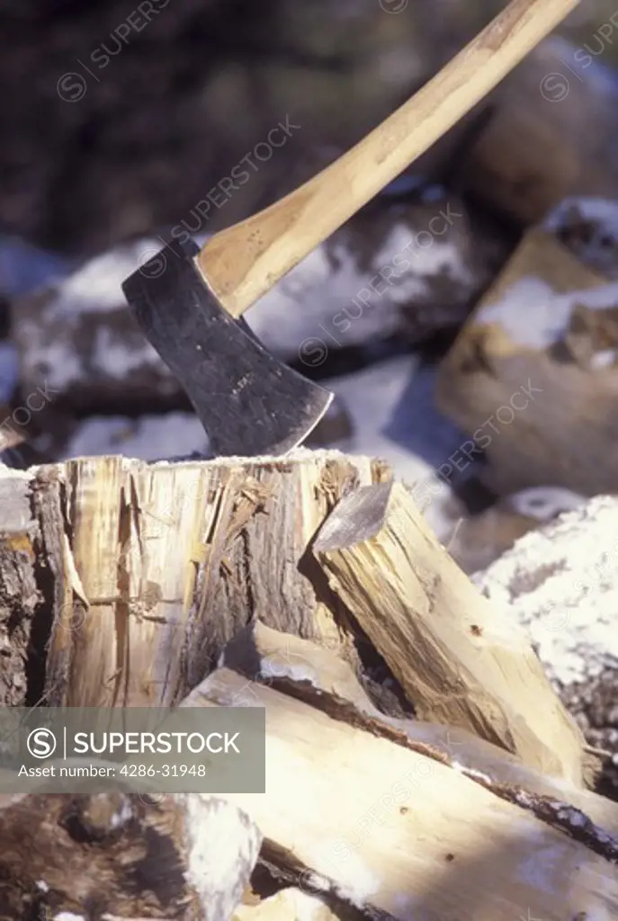 An ax lies embedded in a log in a pile of firewood on a sunny day.