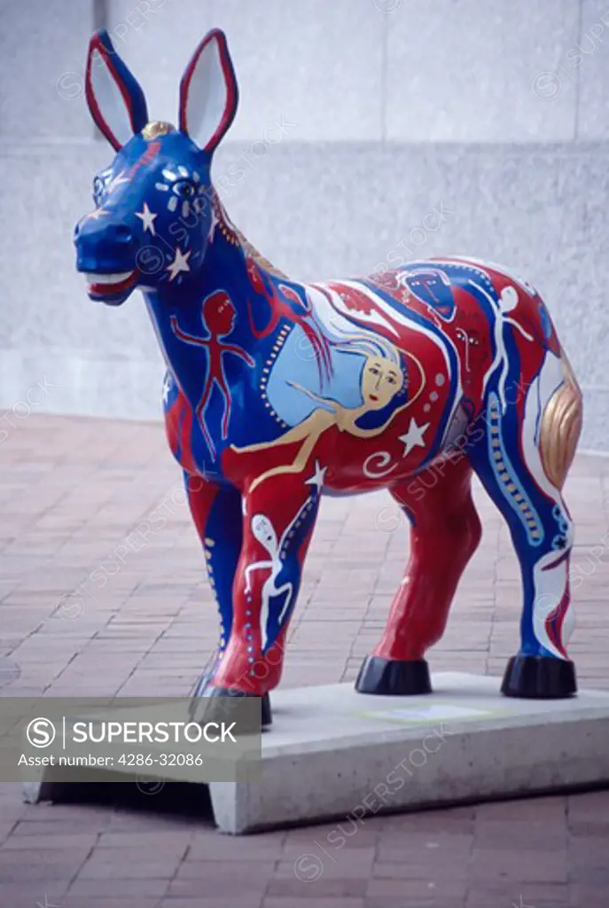 Imaginatively painted statue of a (Democratic) donkey, part of the 'Party Animals' art series on Washington DC sidewalks.