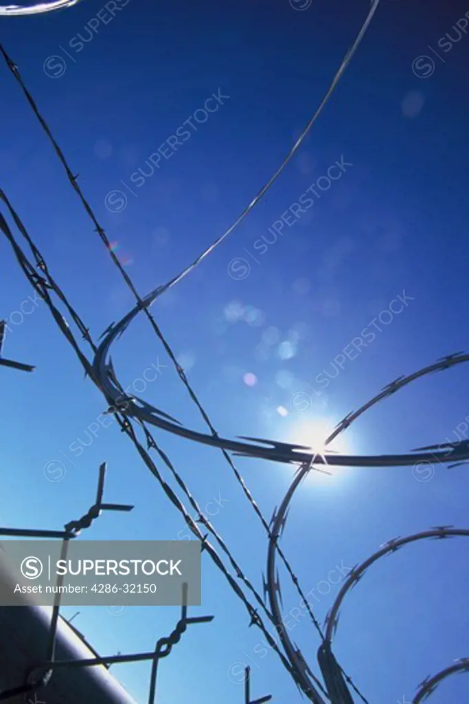 Close-up view of barbed wire along a fence with the sun reflecting onto the metal. 