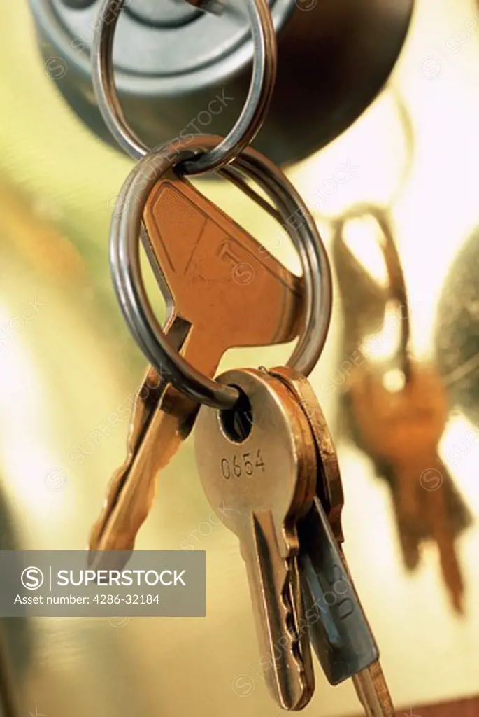 Close-up of a still life view of kerys on a key ring. 