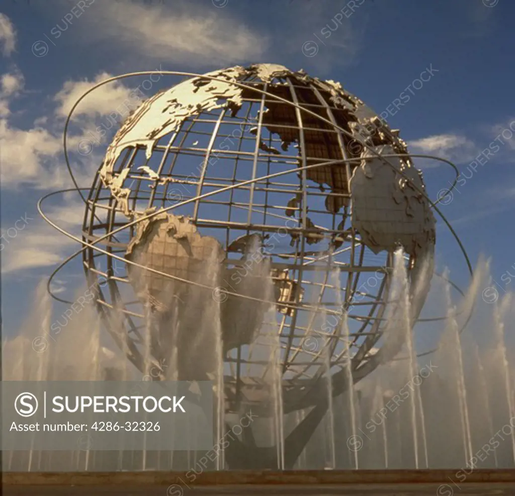 Fountains in front of Unisphere globe in Flushing Meadows Park, New York.