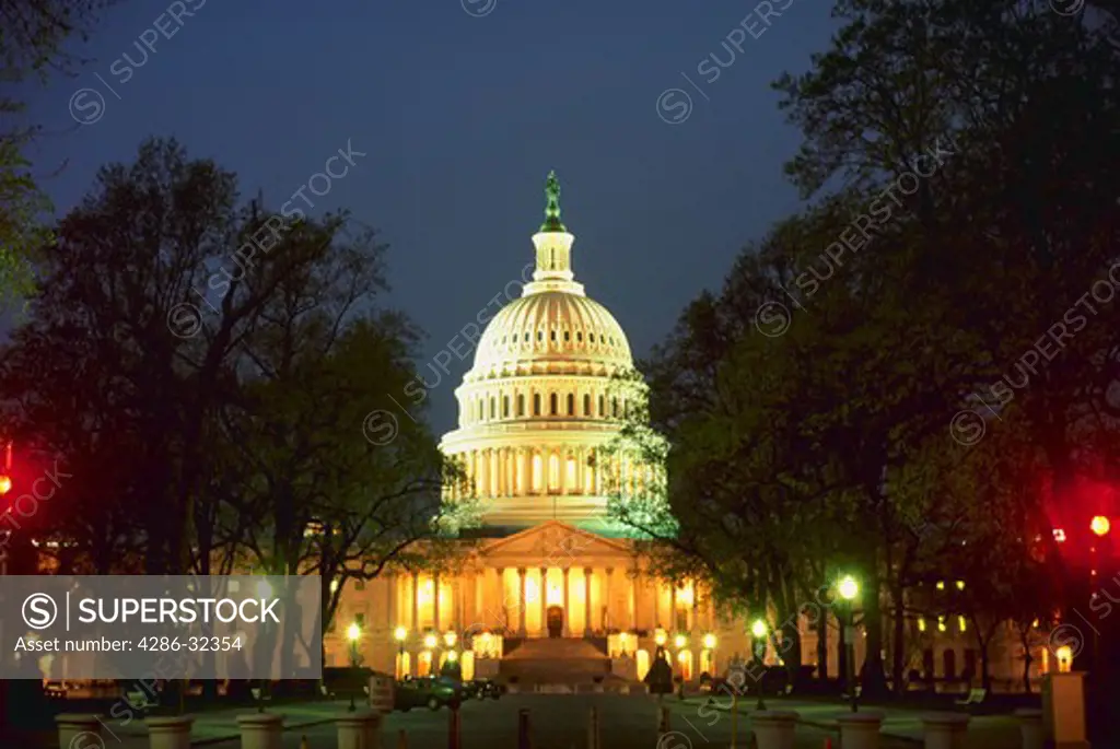 United States Capitol at night.