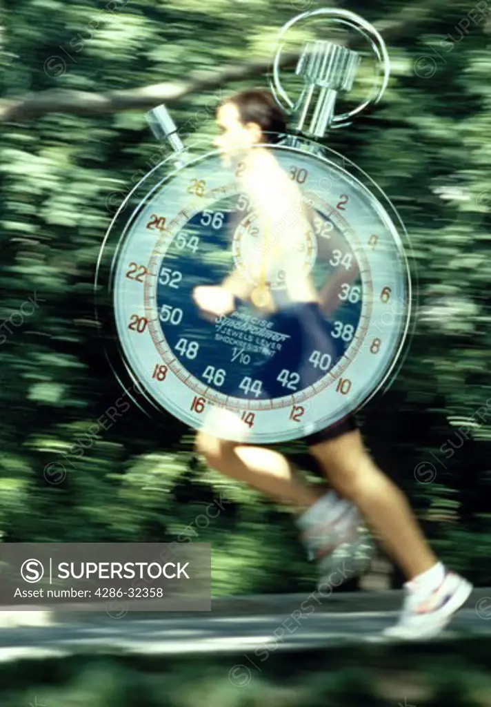 Montage of man jogging with stopwatch.