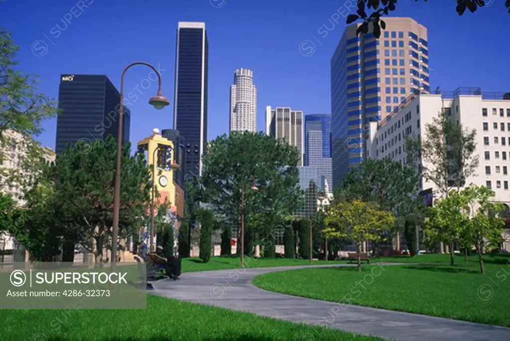 View of downtown Los Angeles skyline from Grand Hope Park, Los Angeles, California.